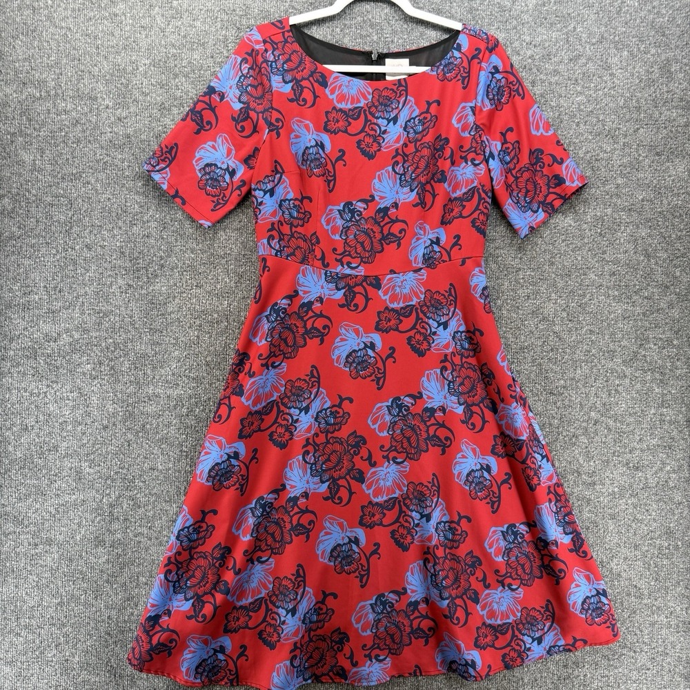 HD in Paris Dress Womens 8 Red Blue Floral A-Line Flowy Midi Office Occasion
